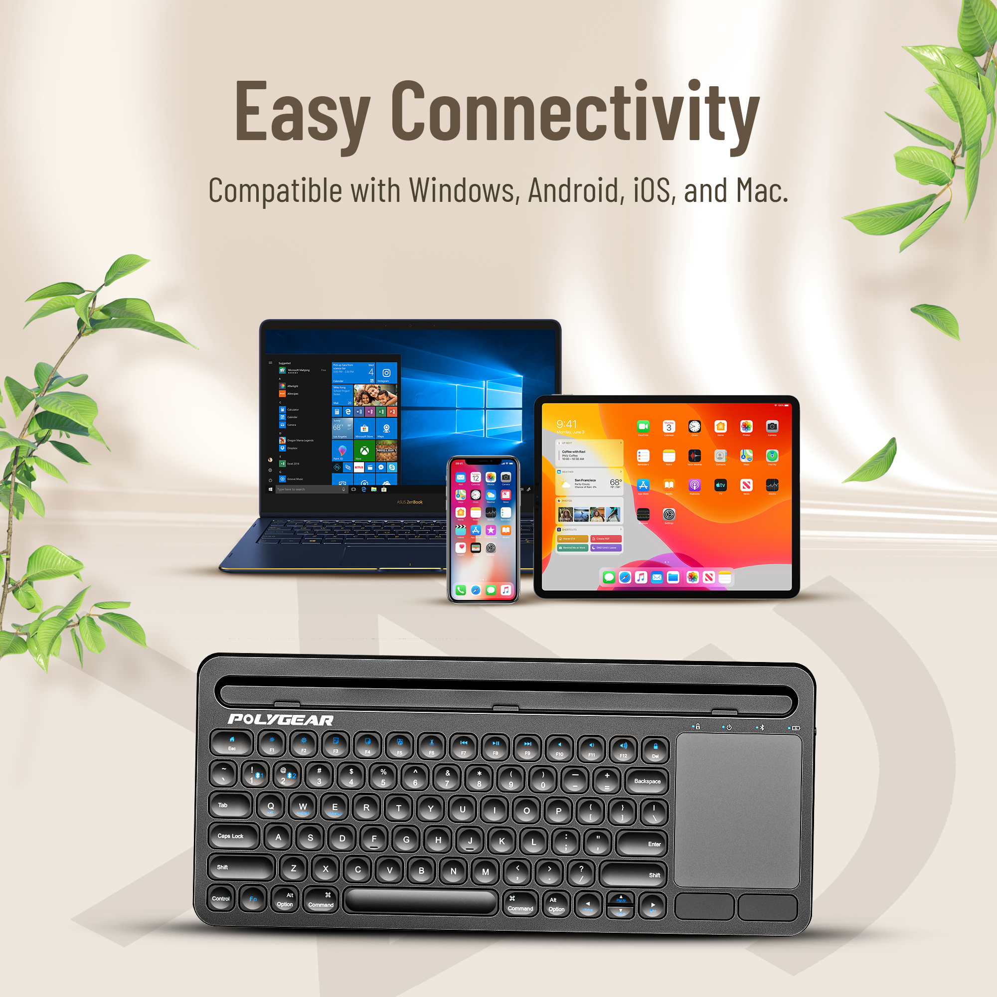 POLYGEAR BTX5050 Stylish Bluetooth Keyboard, Universal Wireless Keyboard, USB-C Rechargeable Bluetooth 5.0 Multi Device Keyboard with Touchpad, Stable Connection for Windows, iOS, Android, Mac,TV