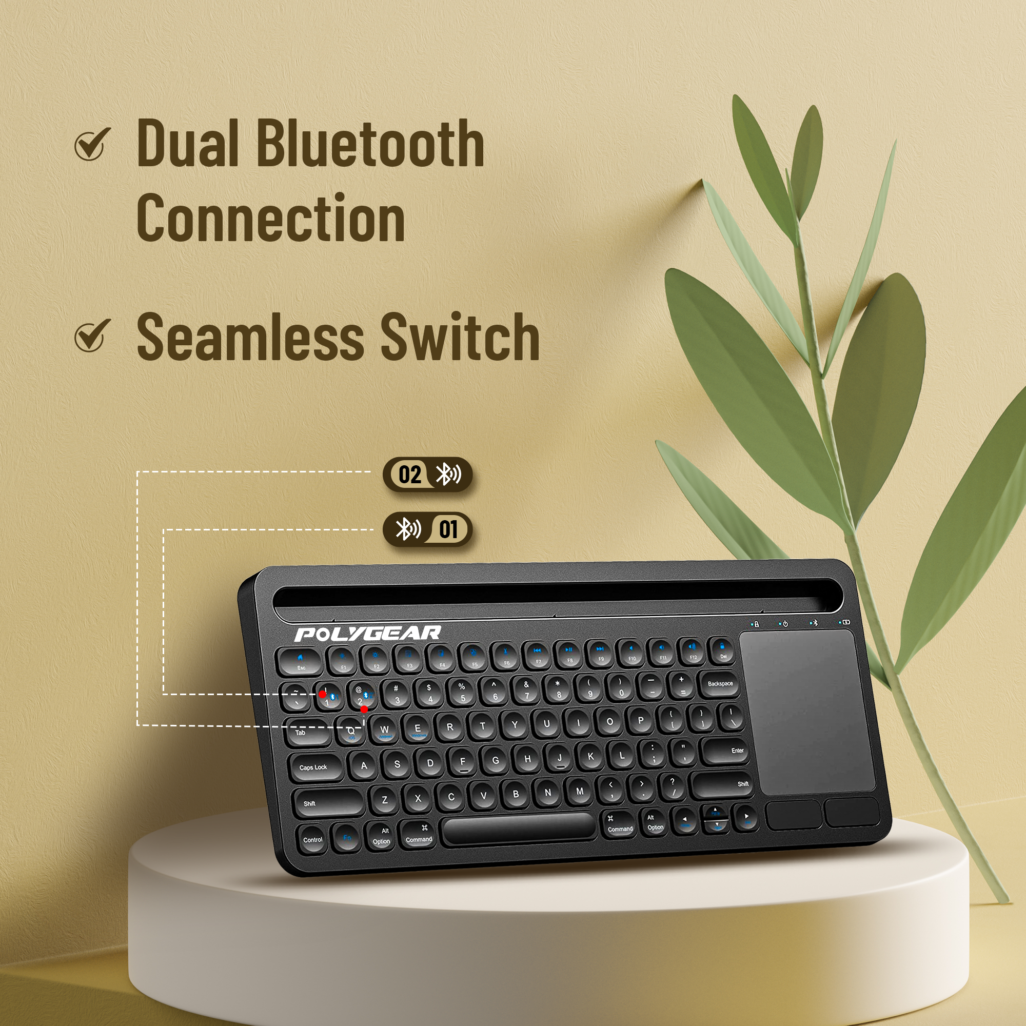 POLYGEAR BTX5050 Stylish Bluetooth Keyboard, Universal Wireless Keyboard, USB-C Rechargeable Bluetooth 5.0 Multi Device Keyboard with Touchpad, Stable Connection for Windows, iOS, Android, Mac,TV